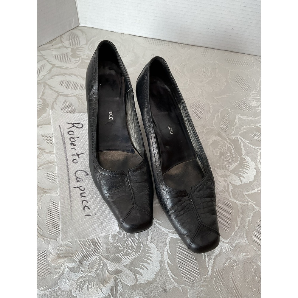 Roberto Capucci Pumps Womens 7.5B Black Good Croc Embossed Leather Square Toe